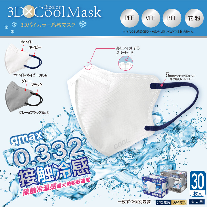 【ホントに冷たい！】3Dバイカラー冷感不織布マスク 30枚入り ふつうサイズ